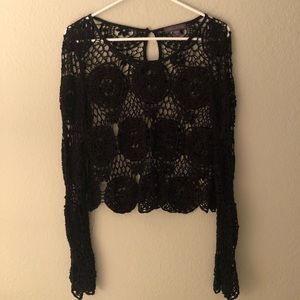 Kendall & Kylie Crochet Long Sleeve Crop Top Black